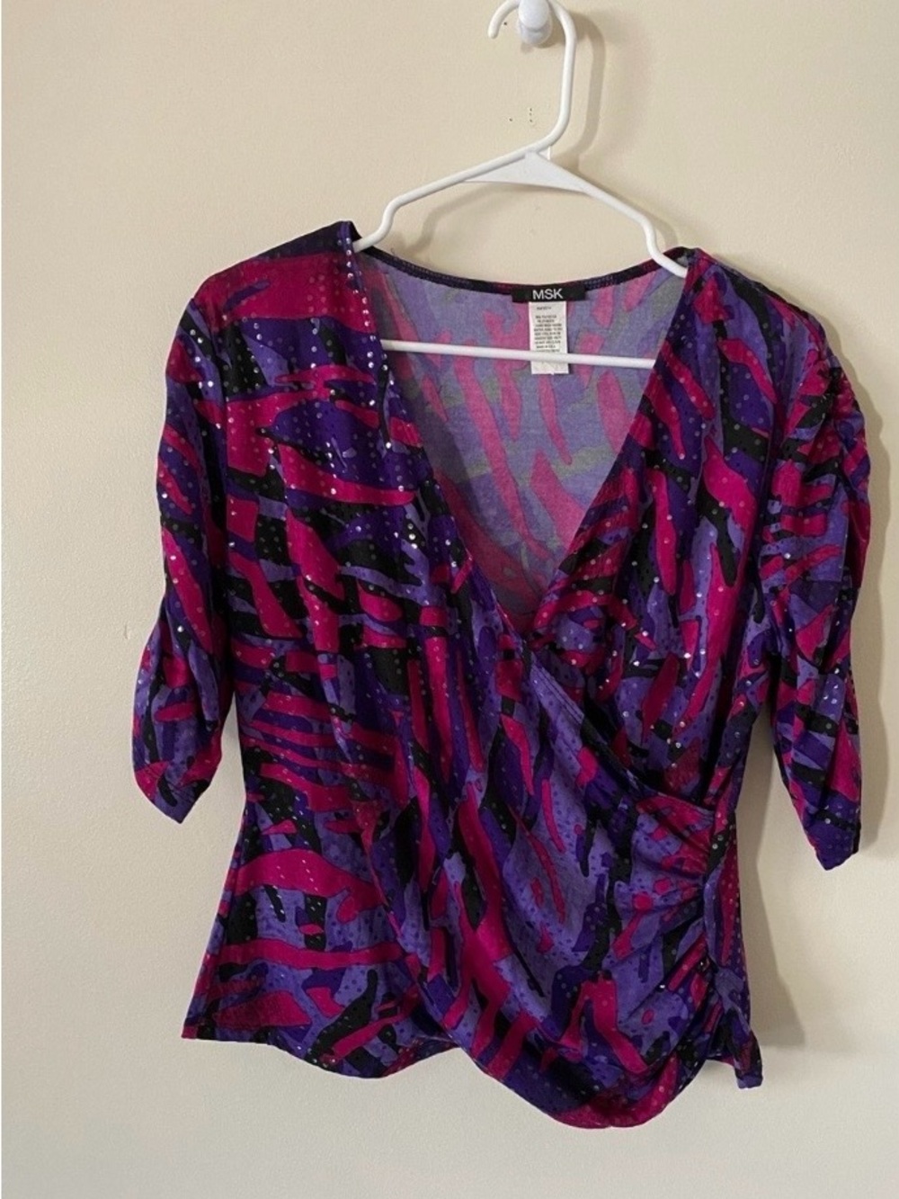 Vintage Retro Sequin Purple & Magenta Abstract Wrap V-neck Blouse